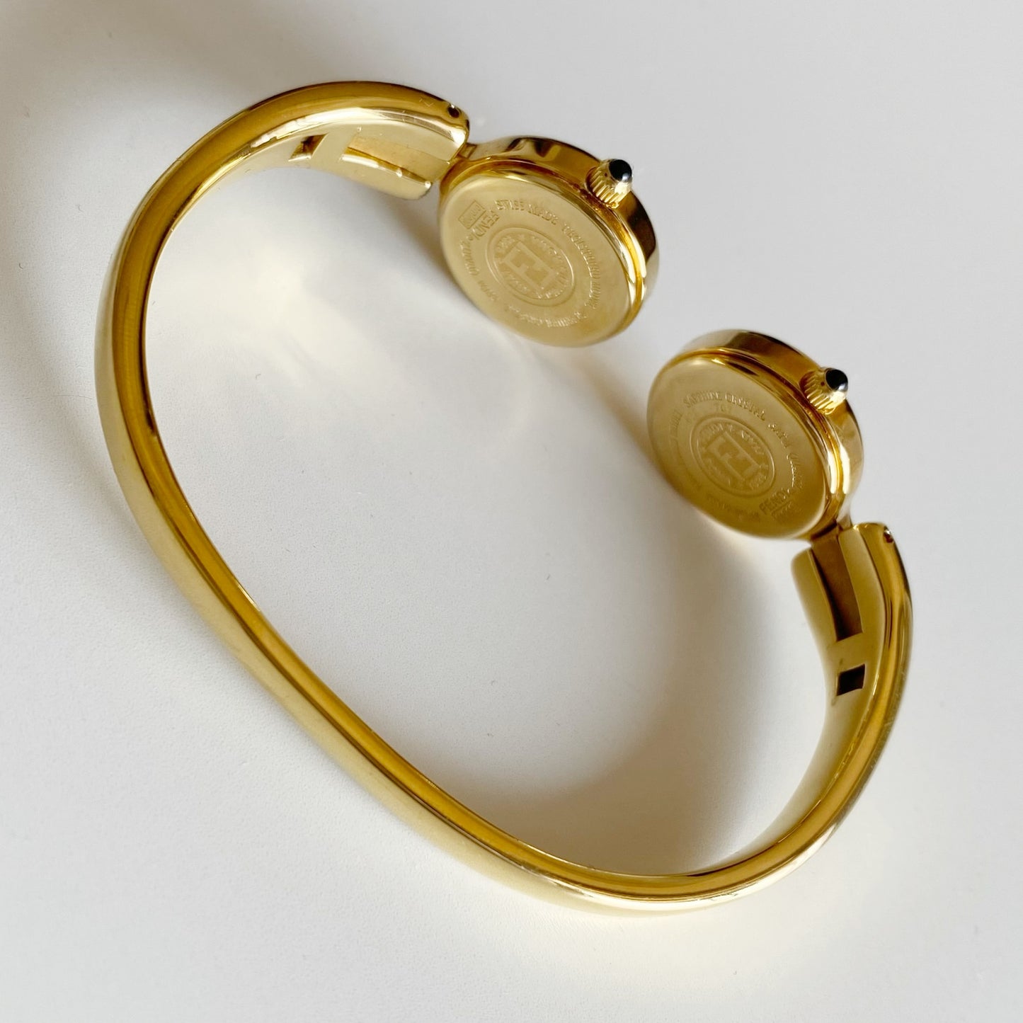 Fendi 1990s Seashell Dial Two Time Zone Gold Plated Bangle Watch