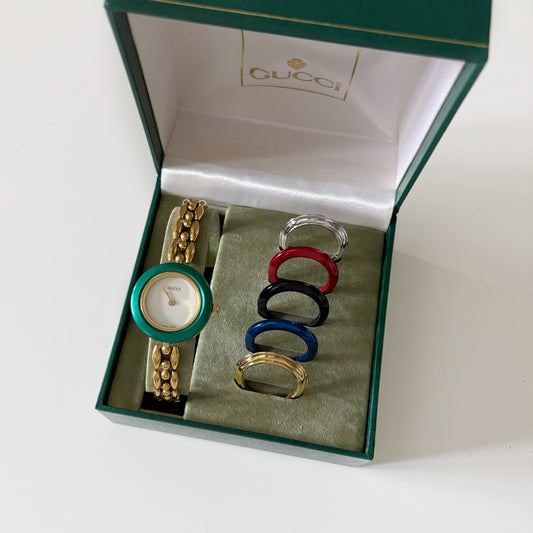 Gucci 1990s Interchangeable Bezel Gold Plated Watch with 6 bezels, case