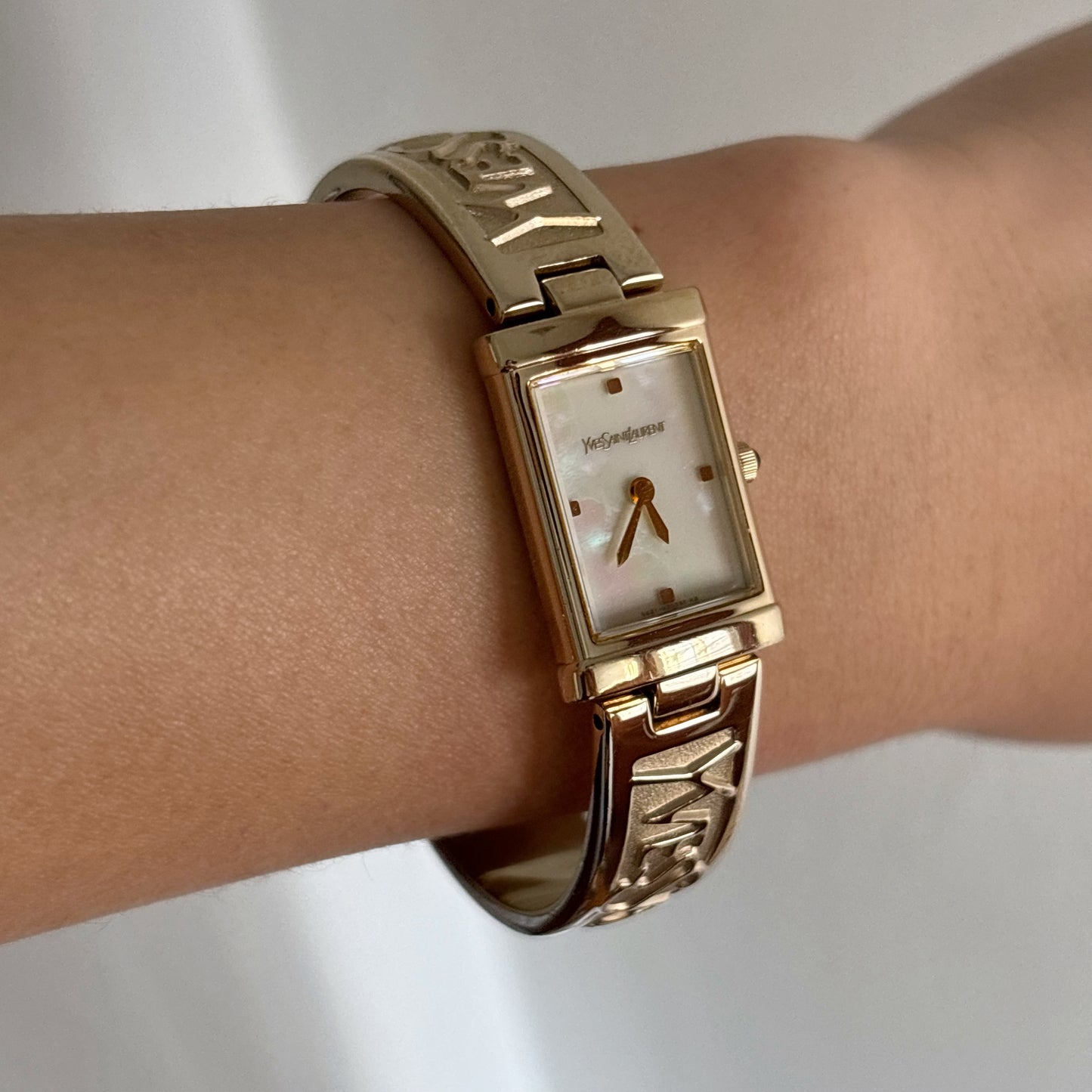 Yves Saint Laurent 1990s Seashell Dial Gold Plated Bangle Watch