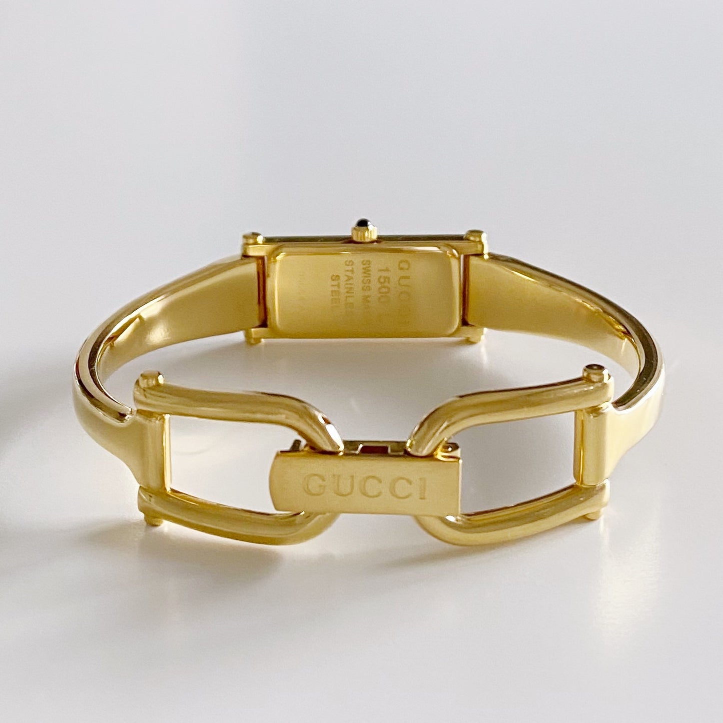 Gucci 1990s Seashell Dial Rectangular Gold Plated Bangle Watch