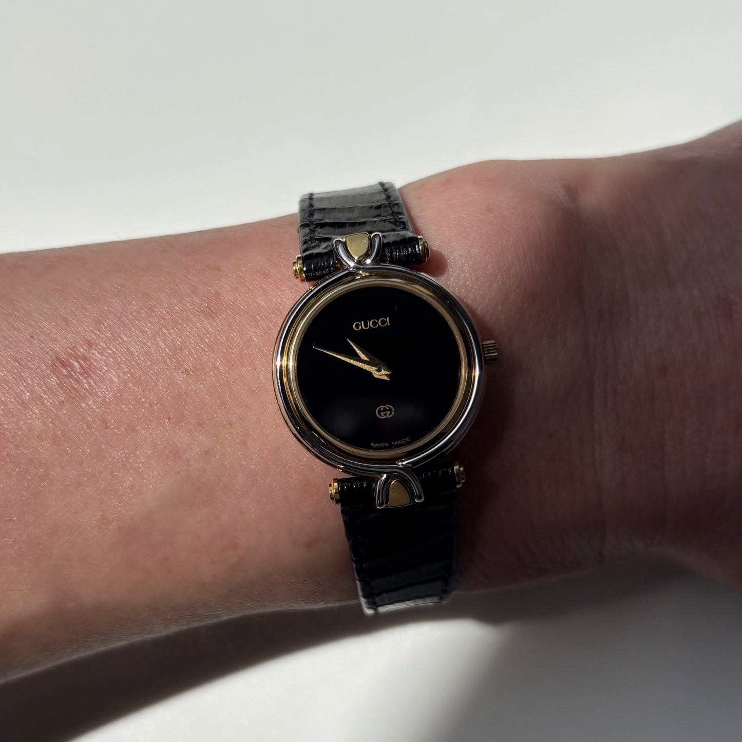 Gucci 1980s Black Round Dial Two Tone Watch