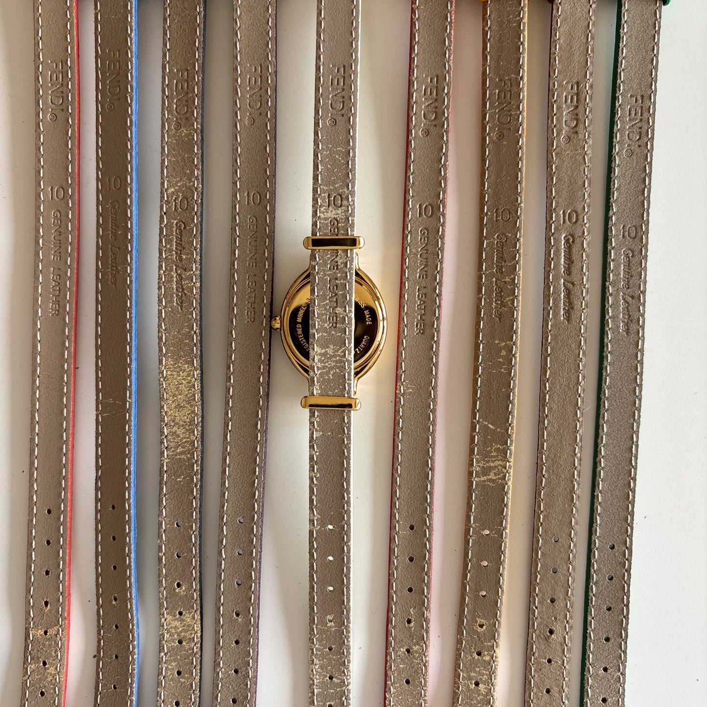 Fendi 1990s Interchangeable Strap Gold Plated Watch with 9 straps, case