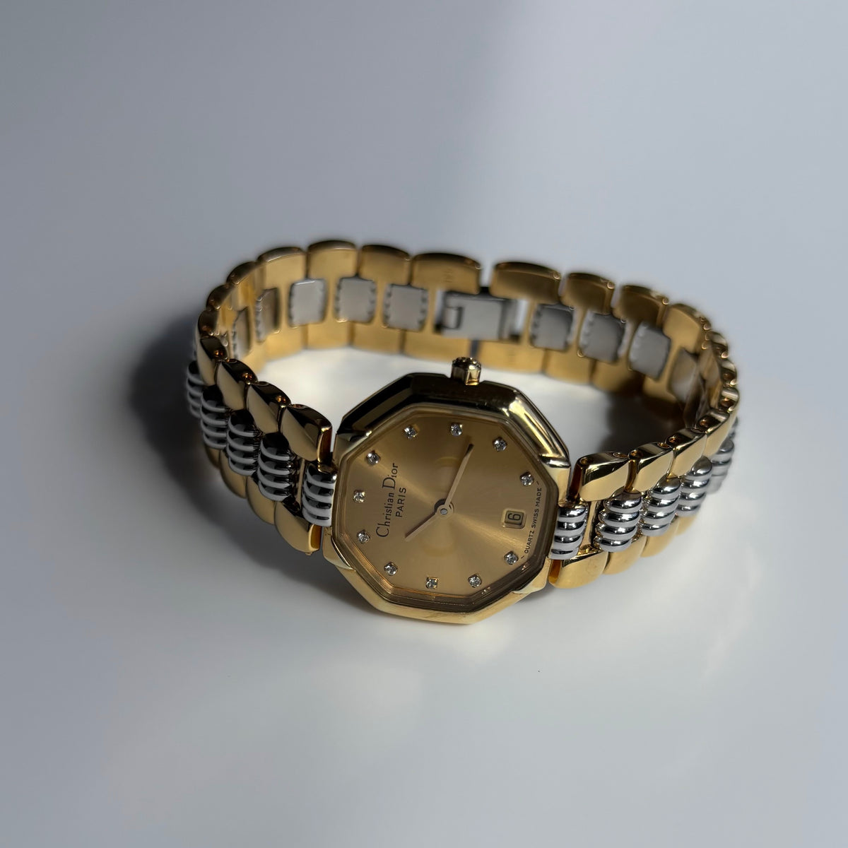 Dior 1990s Octagon Gold Dial Two-Tone Gold-Plated Watch