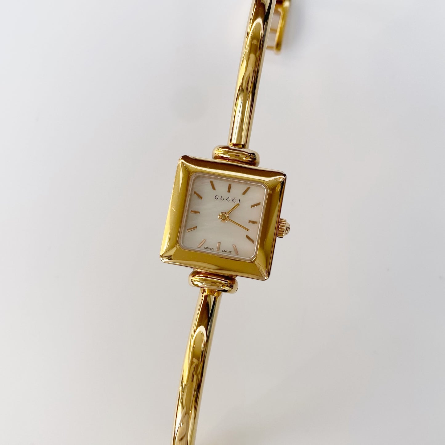 Gucci 1990s Seashell Dial Square Gold Plated Bangle Watch