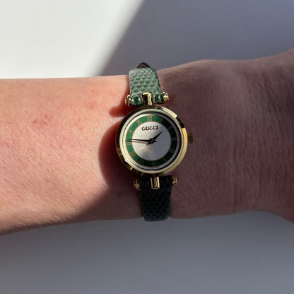 Gucci 1990s Round Dial Green Gold Plated Watch