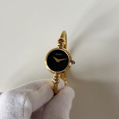 Gucci 1990s Black Dial Gold Plated Cable Bangle Watch