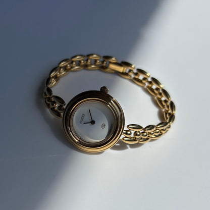 Gucci 1990s Interchangeable Bezel Gold Plated Rice Chain Watch with case, 6 bezels (165mm)
