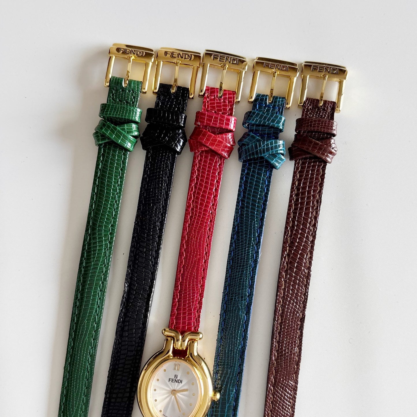 Fendi 1990s Interchangeable Belt Gold Plated Watch with 5 straps, case