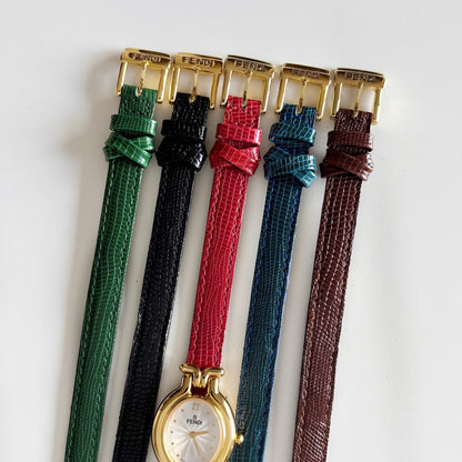 Fendi 1990s Interchangeable Belt Gold Plated Watch with 5 straps, case