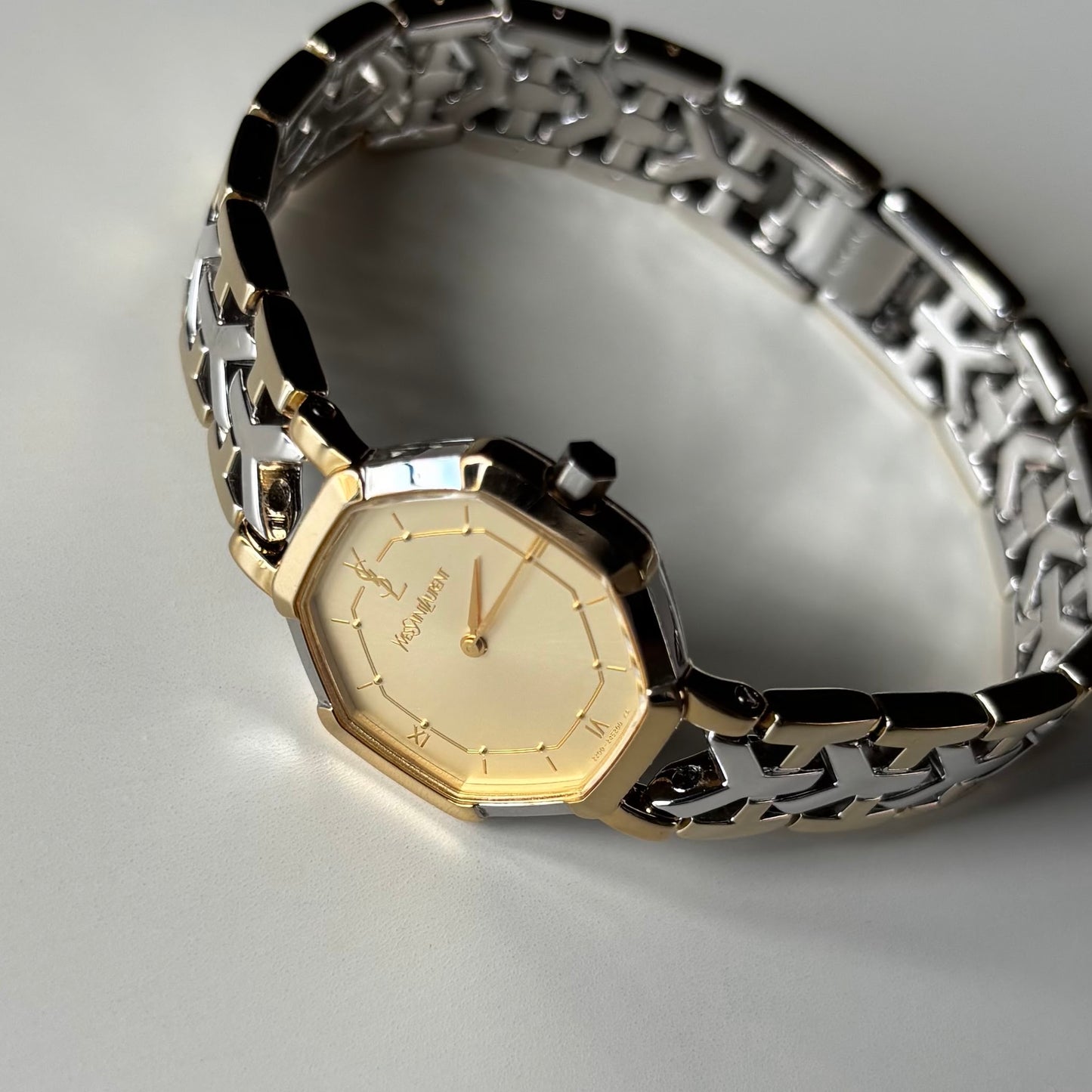Yves Saint Laurent 1990s Octagon Gold Plated Two Tone Watch