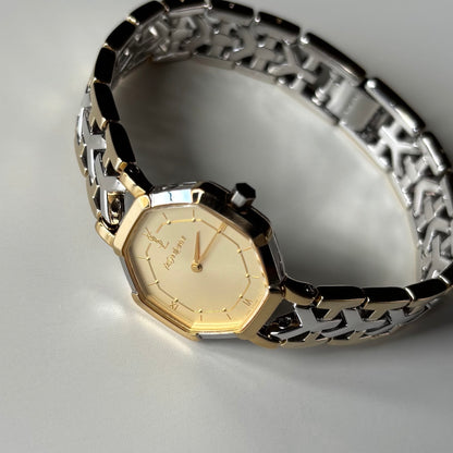 Yves Saint Laurent 1990s Octagon Gold Plated Two Tone Watch