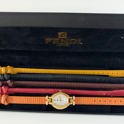 Fendi 1990s Interchangeable Belt Gold Plated  Watch with 5 belts, case