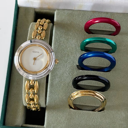 Gucci 1990s Interchangeable Bezel Gold Plated Rice Chain Watch with 6 bezels, case (160mm)