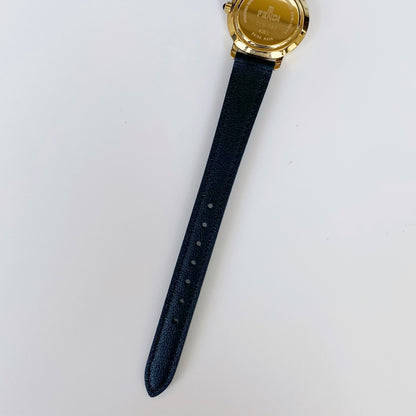 Fendi 1990s Black Dial Gold Plated Round Leather Strap Watch