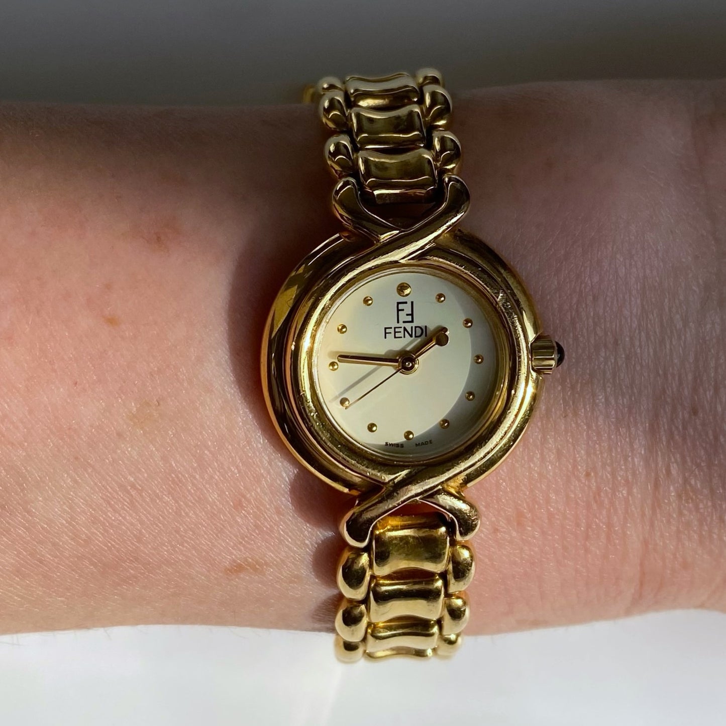 Fendi 1990s Seashell Dial Gold Plated Round Watch