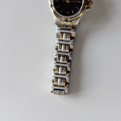 Gucci 1990s Date Round Black Dial Two Tone Gold Plated Watch