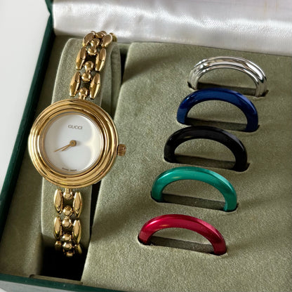 Gucci 1990s Interchangeable Bezel Gold Plated Watch with 6 bezels, case (167mm)