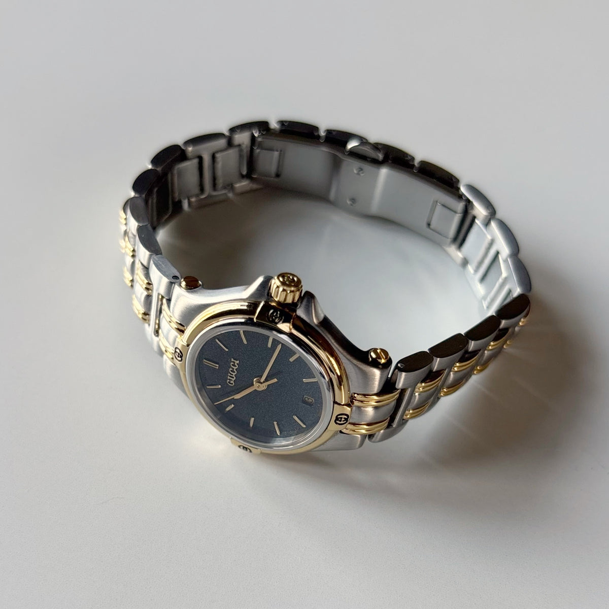 Gucci 1990s Date Round Black Dial Two Tone Gold Plated Watch