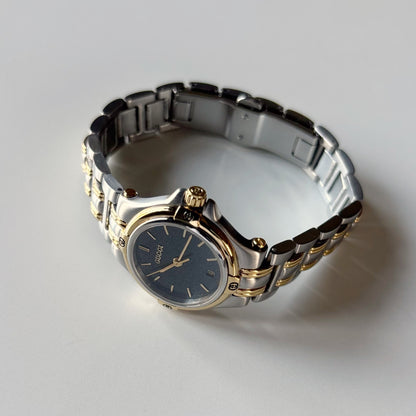 Gucci 1990s Date Round Black Dial Two Tone Gold Plated Watch