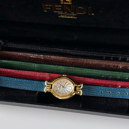 Fendi 1990s Interchangeable Strap Gold Plated Watch with 5 straps, case