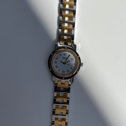 Hermes 1990s Clipper Date Round Dial Two Tone Gold Plated Watch