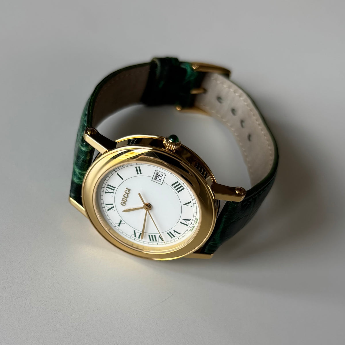 Gucci 1990s Date Round Green Dial Gold-Plated Watch (Large)