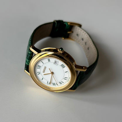 Gucci 1990s Date Round Green Dial Gold-Plated Watch (Large)