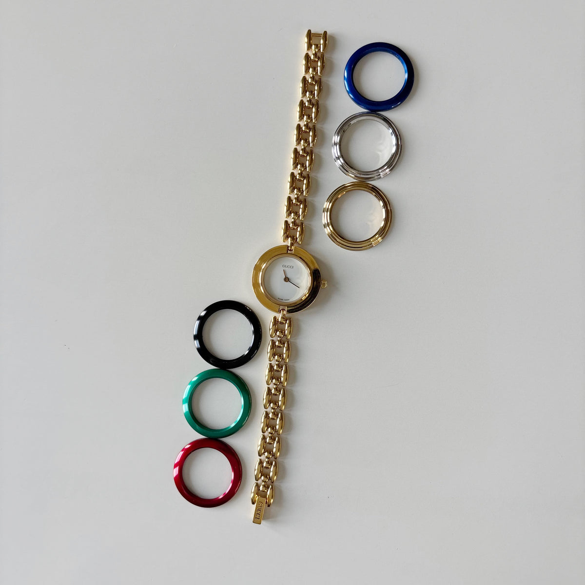 Gucci 1990s Interchangeable Bezel Gold Plated Rice Chain Watch with 6 bezels, case (170mm)