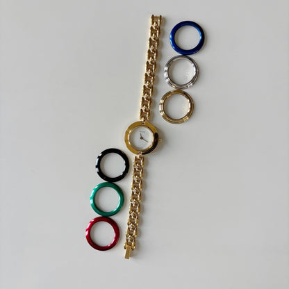 Gucci 1990s Interchangeable Bezel Gold Plated Rice Chain Watch with 6 bezels, case (170mm)