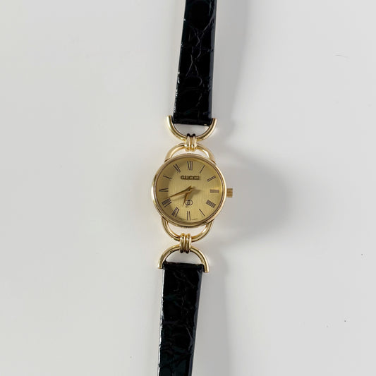 Gucci 1980s Round Dial Horsebit Gold Plated Watch