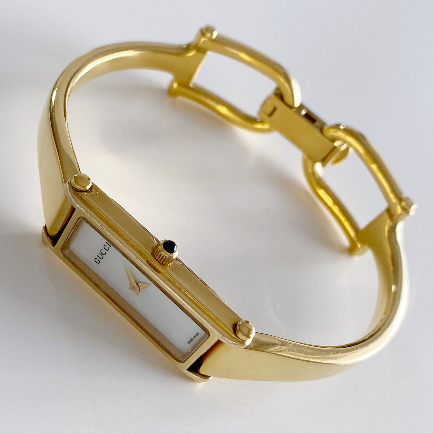 Gucci 1990s Seashell Dial Rectangular Gold Plated Bangle Watch