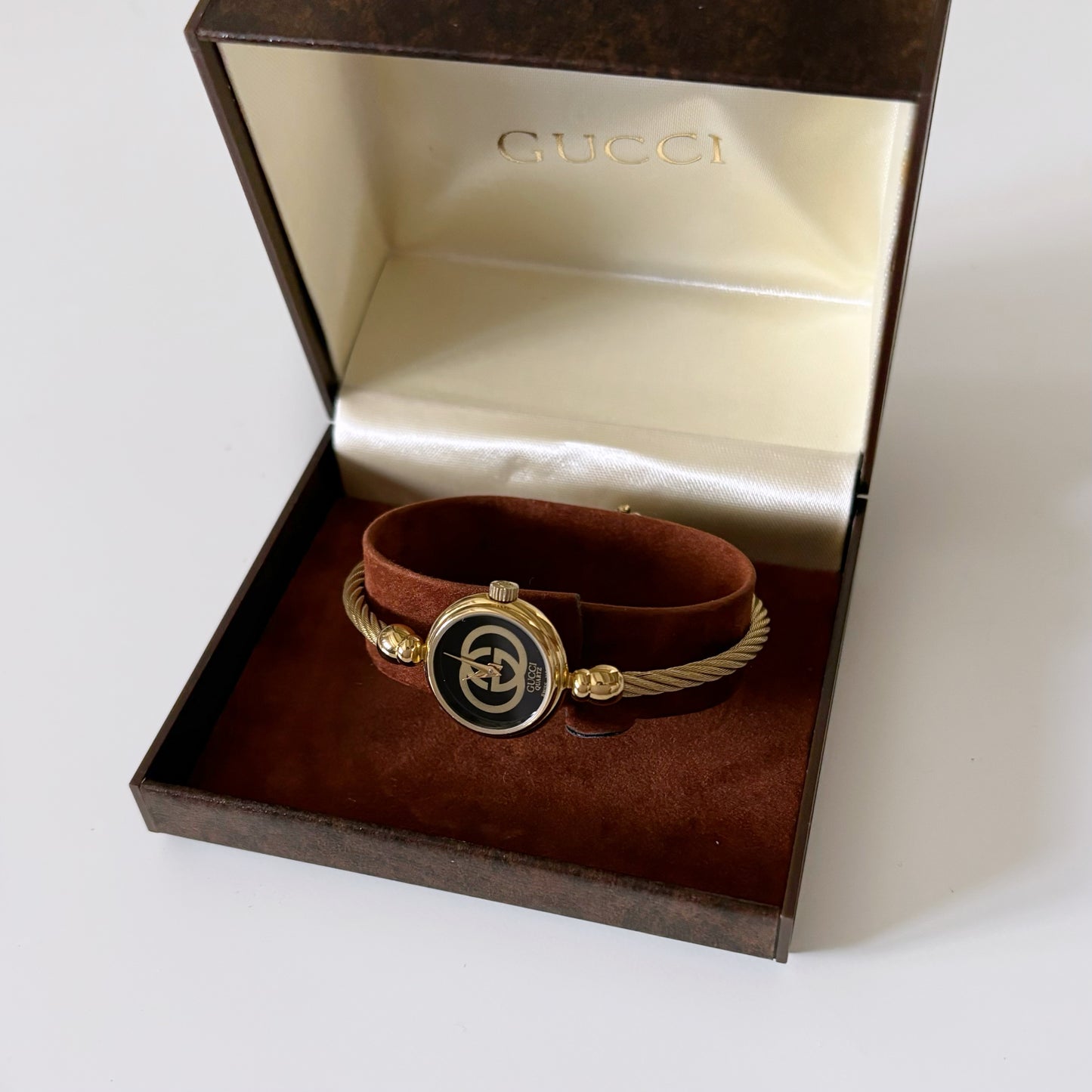 Gucci 1980s Black Dial Old Gucci Gold Plated Bangle Watch