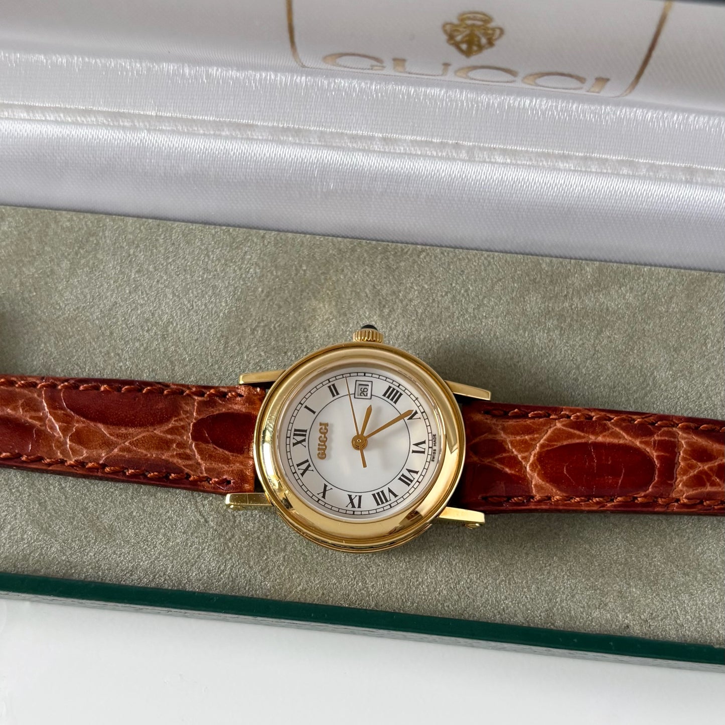 Gucci 1990s Date Round Dial Gold Plated Watch
