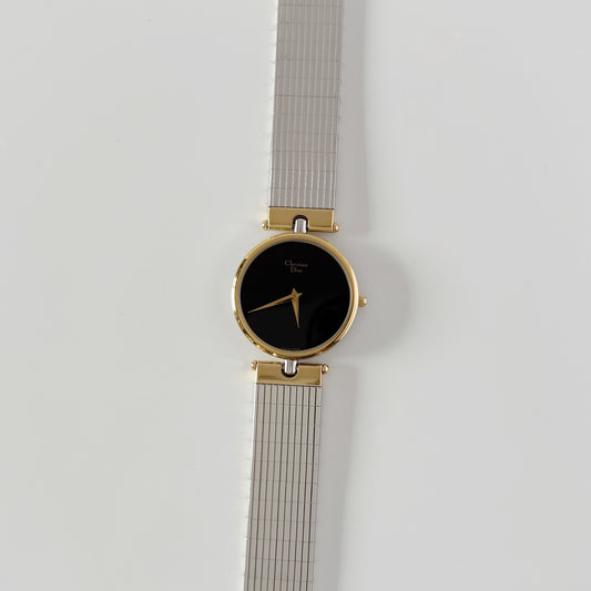 Dior 1990s Black Round Dial Two Tone Gold Plated Watch (Large)