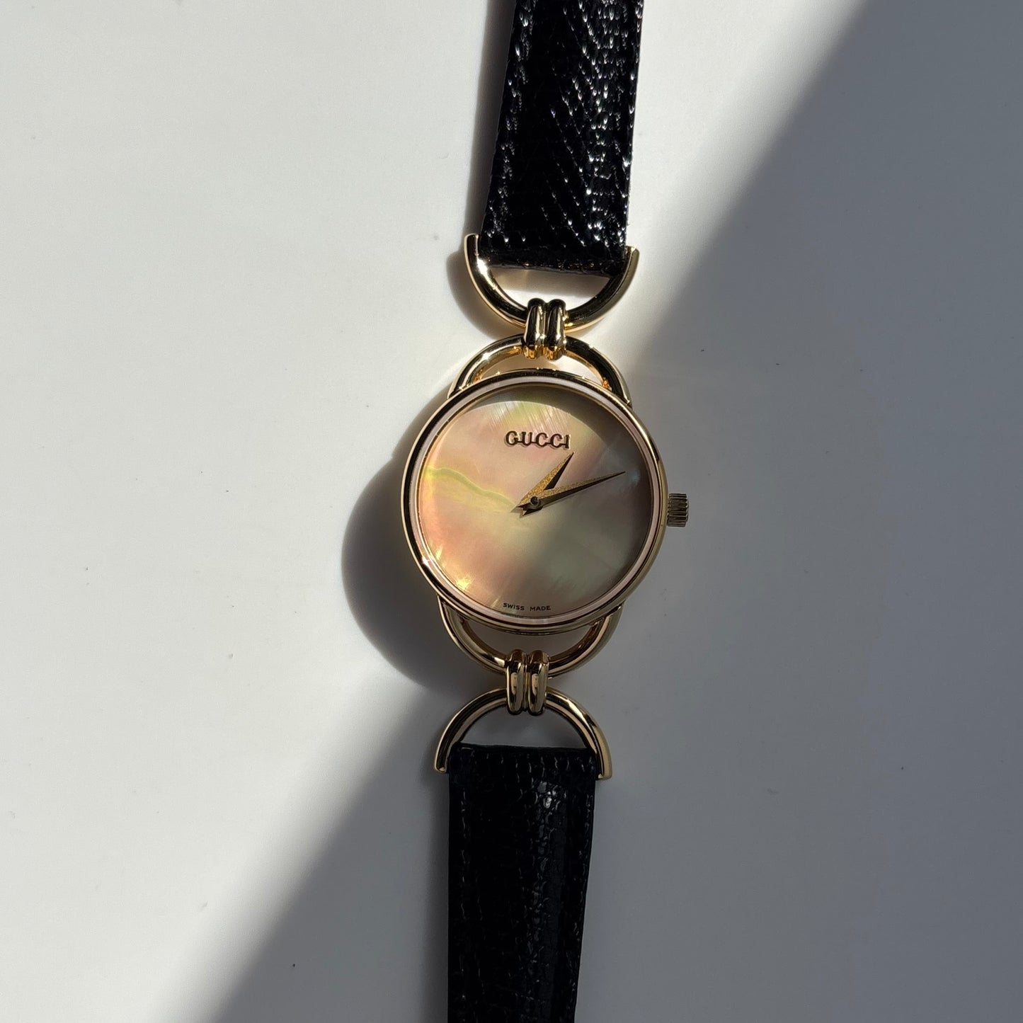 Gucci 1990s Seashell Dial Gold Plated Horsebit Watch