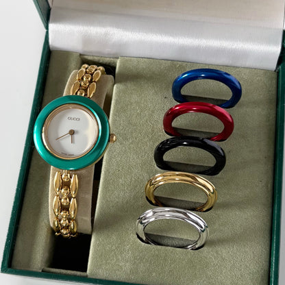 Gucci 1990s Interchangeable Bezel Gold Plated Rice Chain Watch with 6 bezels, case (160mm)