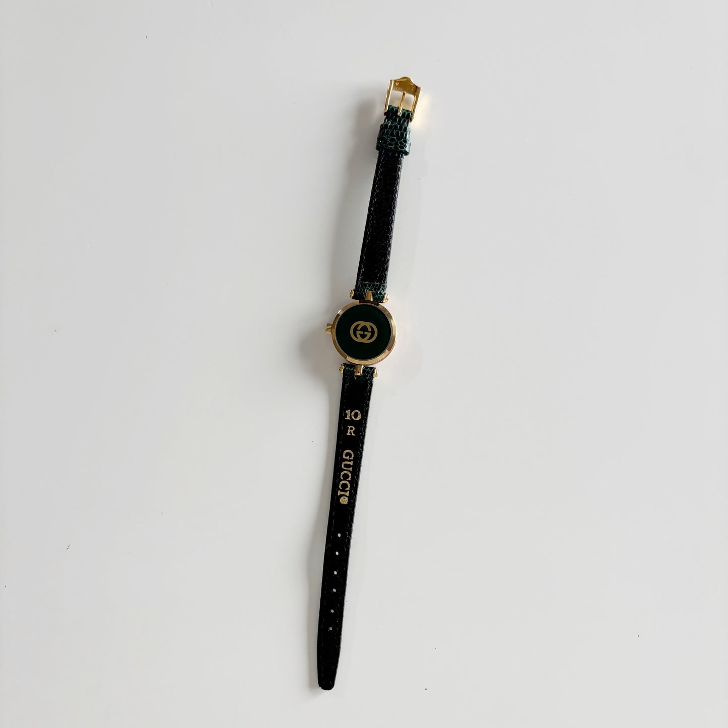 Gucci 1990s Round Dial Green Gold Plated Watch