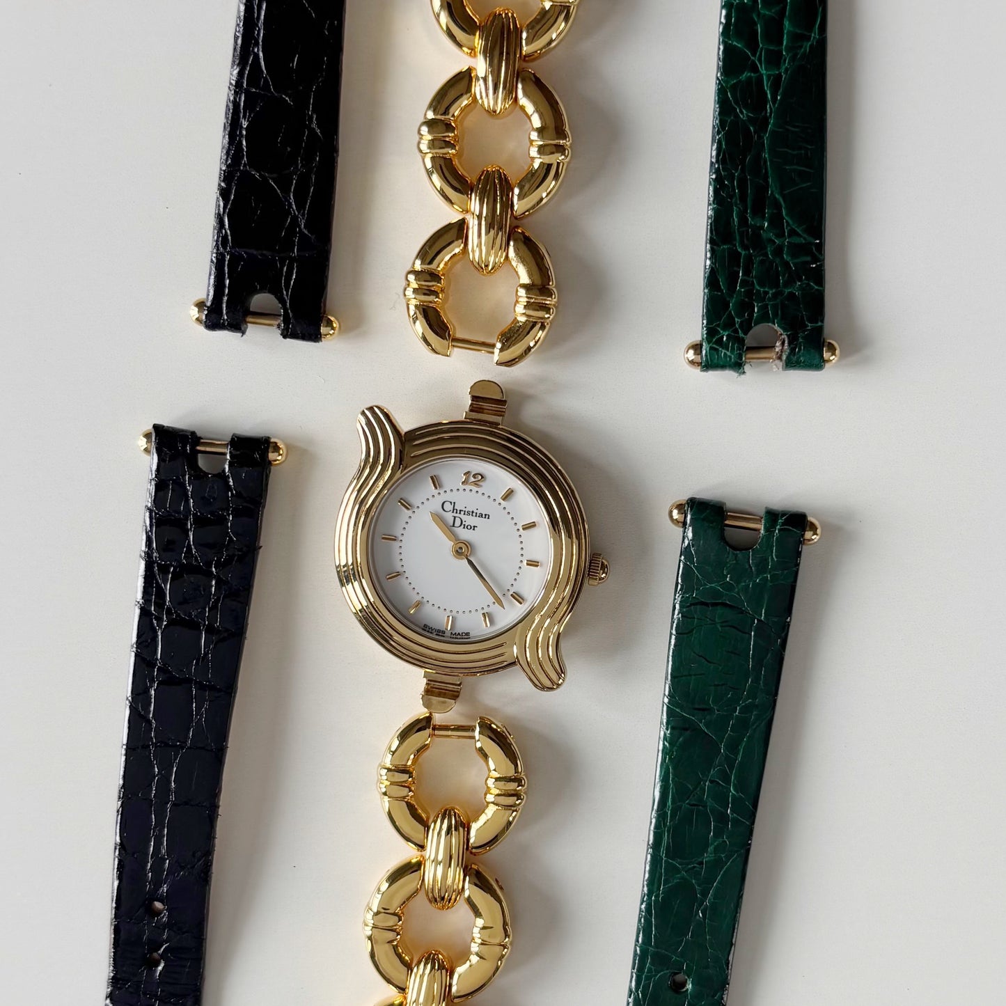 Dior 1990s Round Dial Interchangeable strap Gold Plated Watch with 3 straps, case