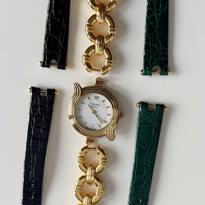 Dior 1990s Round Dial Interchangeable strap Gold Plated Watch with 3 straps, case