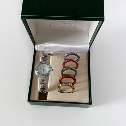 Gucci 1990s Interchangeable Bezel Silver Stainless Steel Watch with 6 bezels, case (165mm)
