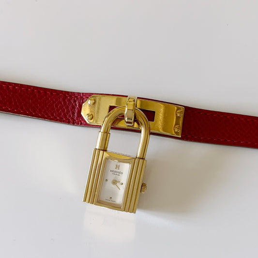 Hermes 1990s Kelly Gold Plated Red Leather Strap Watch