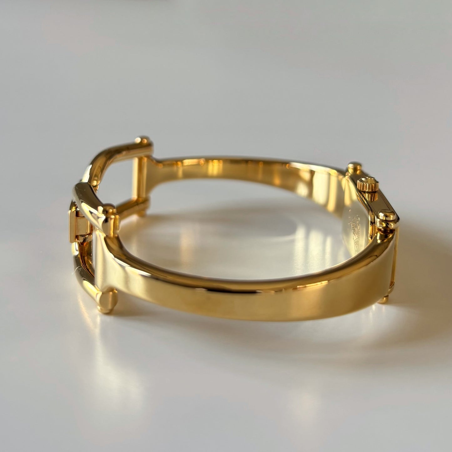 Gucci 1990s Seashell Rectangular Dial Gold Plated Bangle Watch