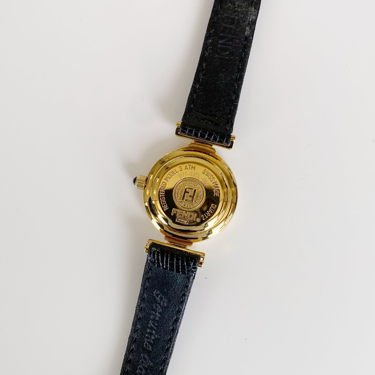 Fendi 1990s Black Dial Gold Plated Round Leather Watch