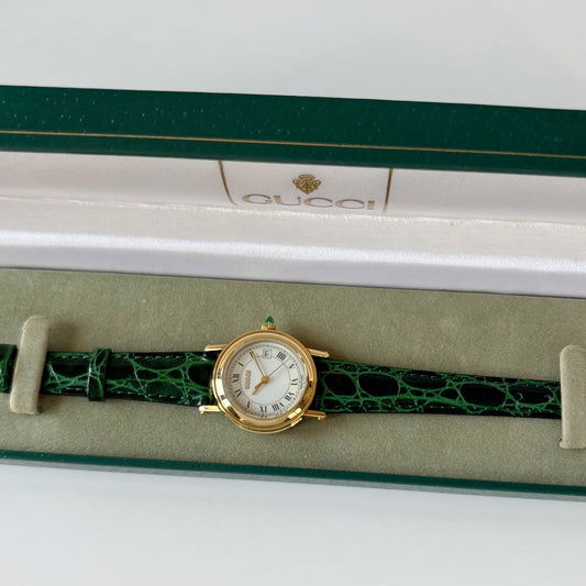 Gucci 1990s Date Round Dial Gold Plated Watch
