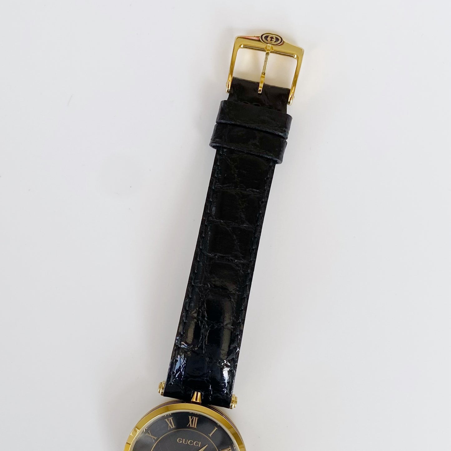 Gucci 1990s Black Dial Gold Plated Black Leather Watch