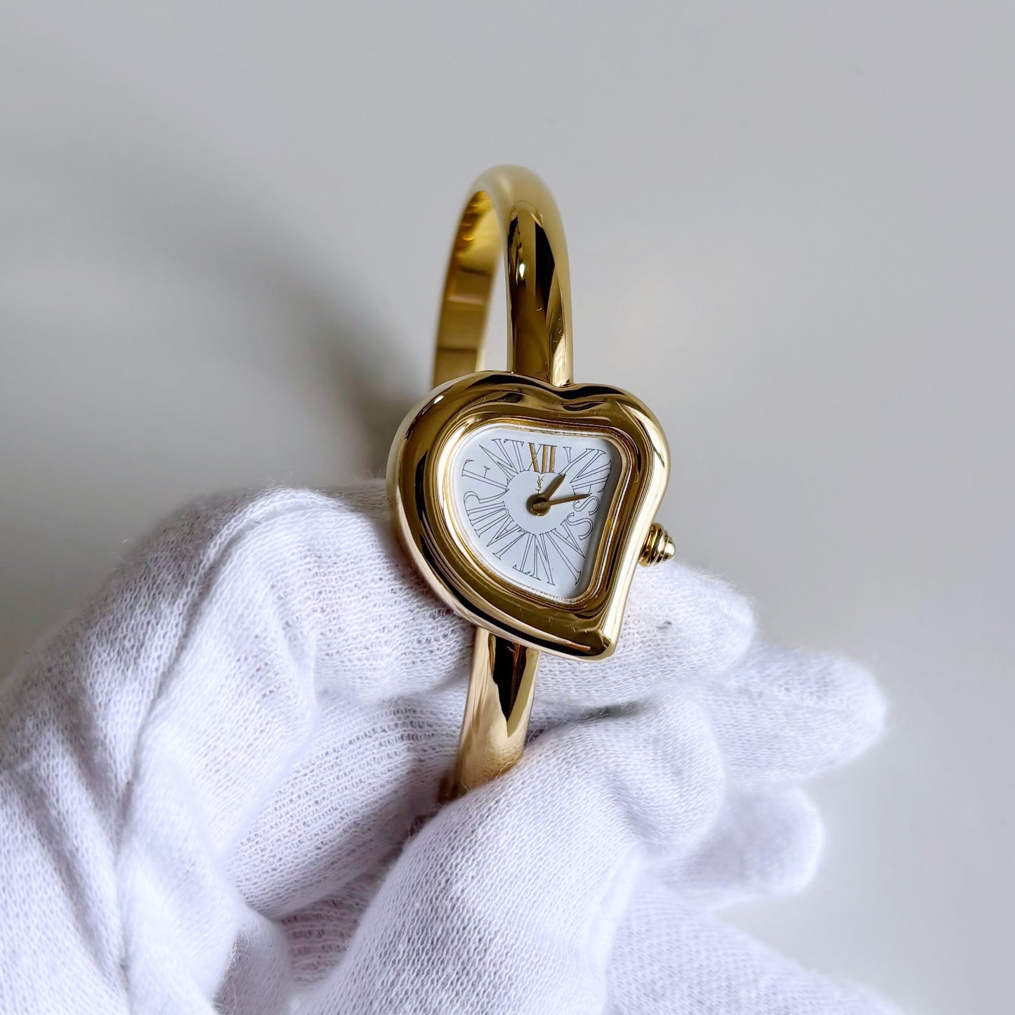 Yves Saint Laurent 1990s Heart Shaped Dial Gold Plated Bangle Watch
