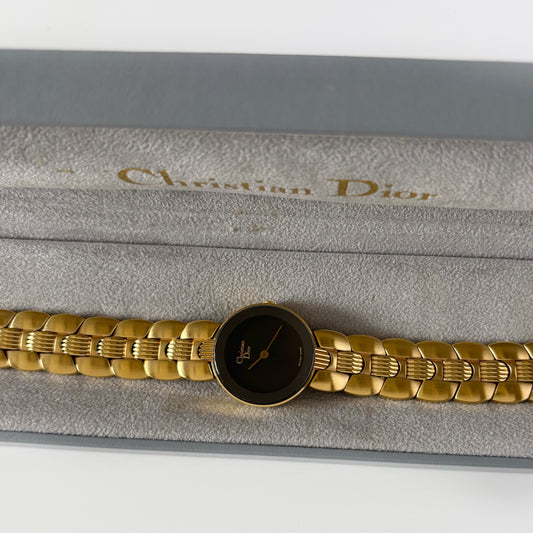 Dior 1990s Black Dial Gold Plated Watch