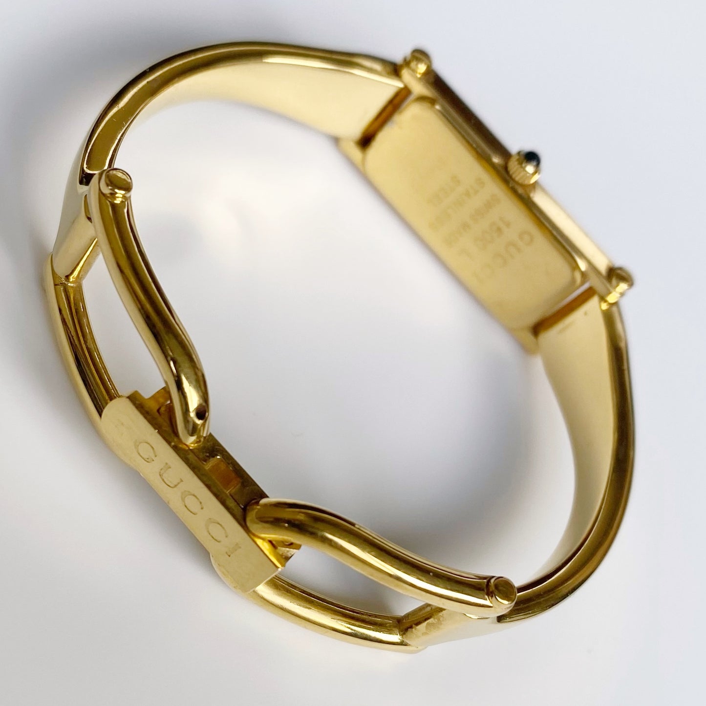 Gucci 1990s Seashell Dial Rectangular Gold Plated Bangle Watch (Small)