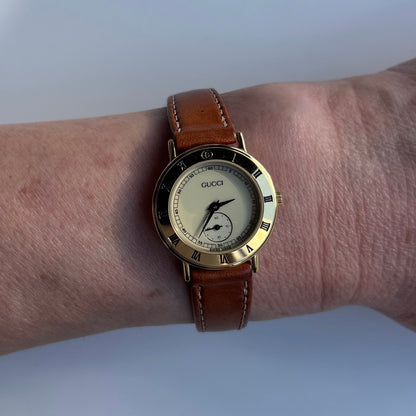 Gucci 1990s Sub Second Round Dial Gold Plated Watch