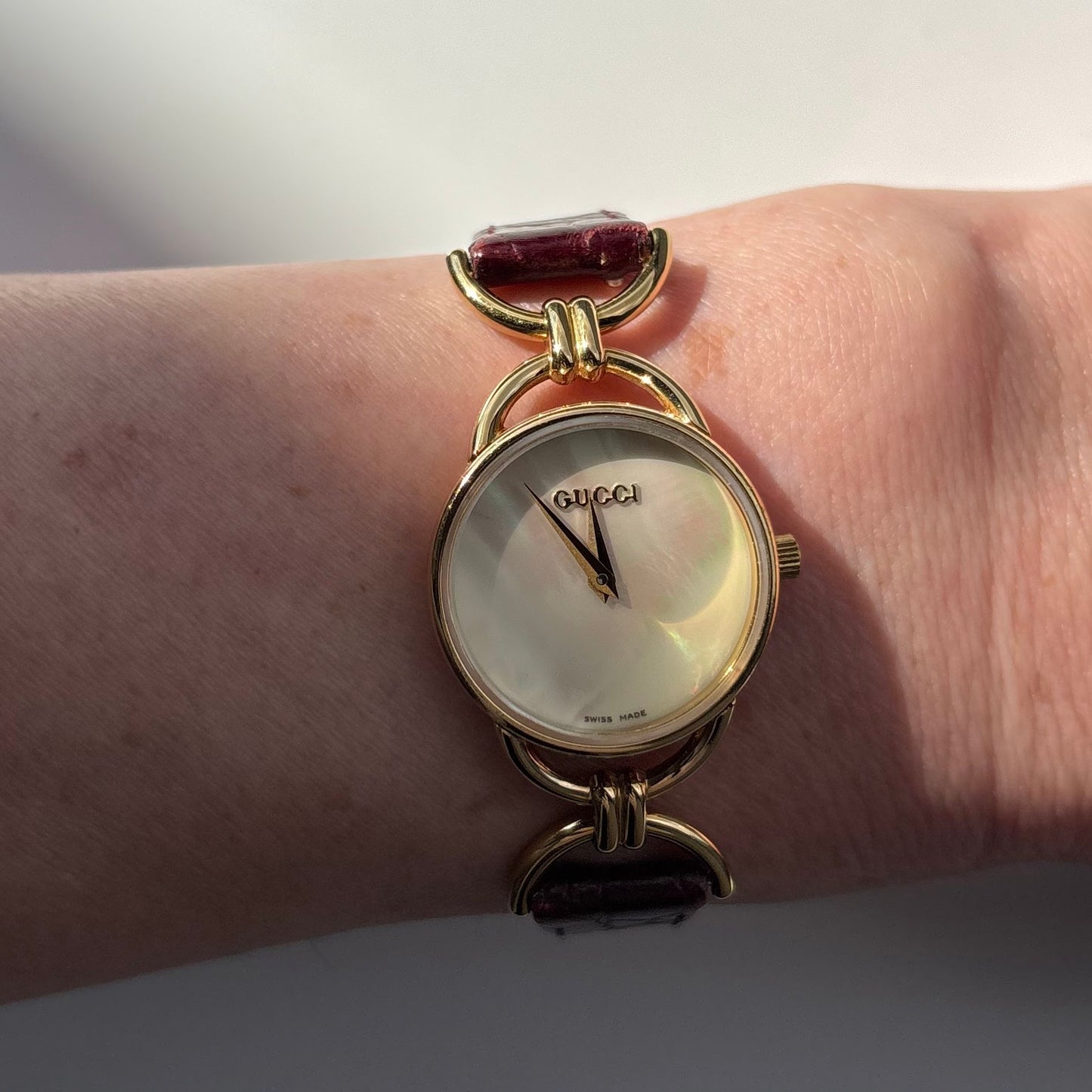 Gucci 1990s Seashell Dial Gold Plated Horsebit Watch